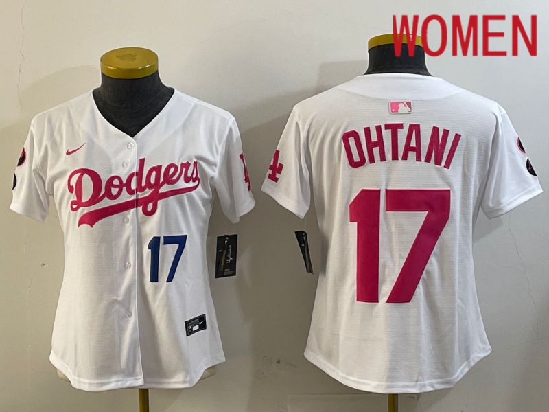 Women Los Angeles Dodgers #17 Ohtani White pink Game 2024 Nike MLB Jersey style 1